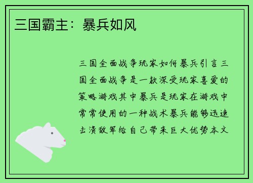 三国霸主：暴兵如风