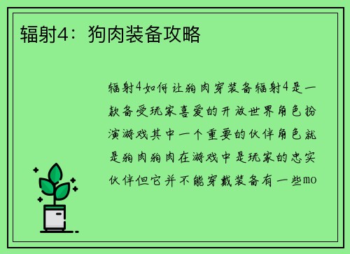 辐射4：狗肉装备攻略